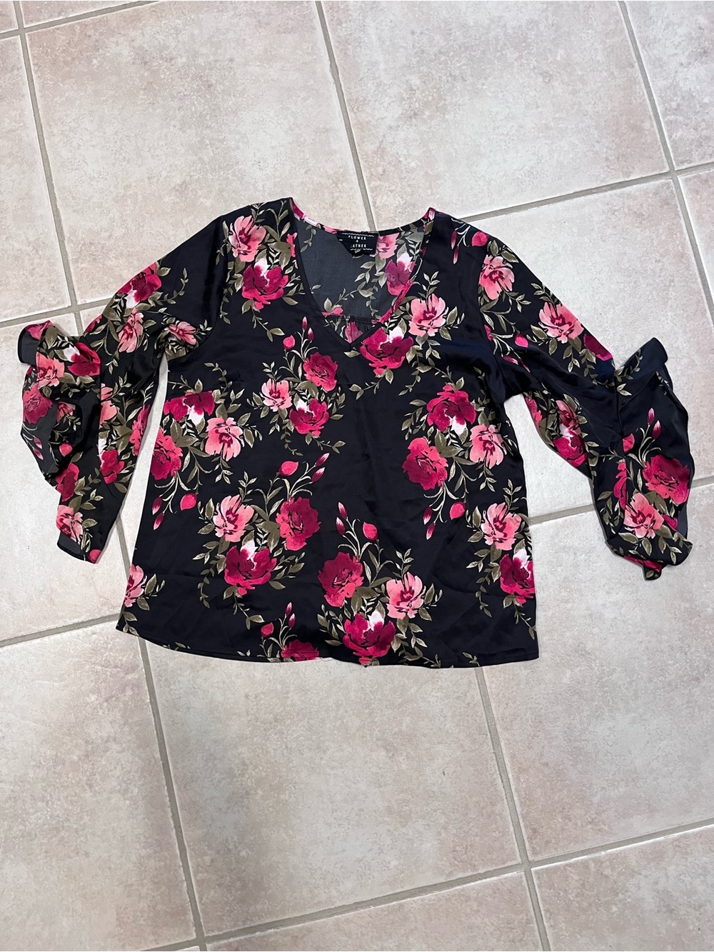 Black Floral V-Neck Blouse with Pink Rose Print and Ruffle Sleeves